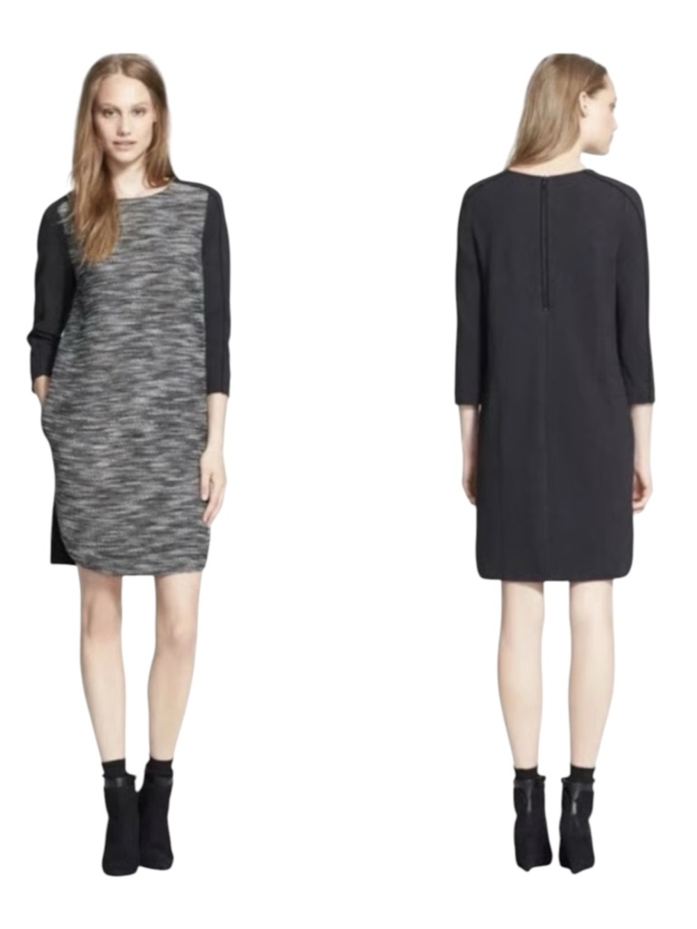 VINCE Tweed Shift Dress Small Black Gray Wool Blend 3/4 Sleeve Minimalist Work
